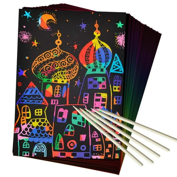 with 5 PCS Wooden Stylus /& Dinosaur stickers Scratch Paper Art Set Rainbow scratch paper Black Kids Birthday Gifts for Party Childrens Day Halloween Christmas 50 PCS Rainbow Magic Scratch Paper